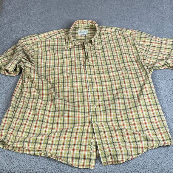 Eddie Bauer Shirt Mens Large Green Red Plaid Short Sleeve Button Pockets Vintage - Picture 2 of 11